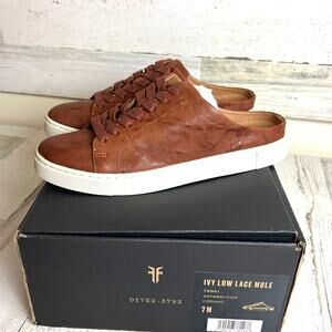 Frye Women’s 7 Cognac Brown Ivy Low Lace Mule Leather Lace Up Sneaker Shoe NEW